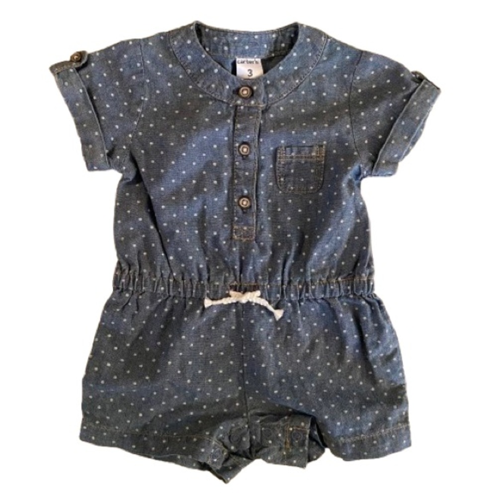 Carter's Baby Chambray Romper Size 3 mos Blue 100% Cotton Polka Dot 1 Piece NWT